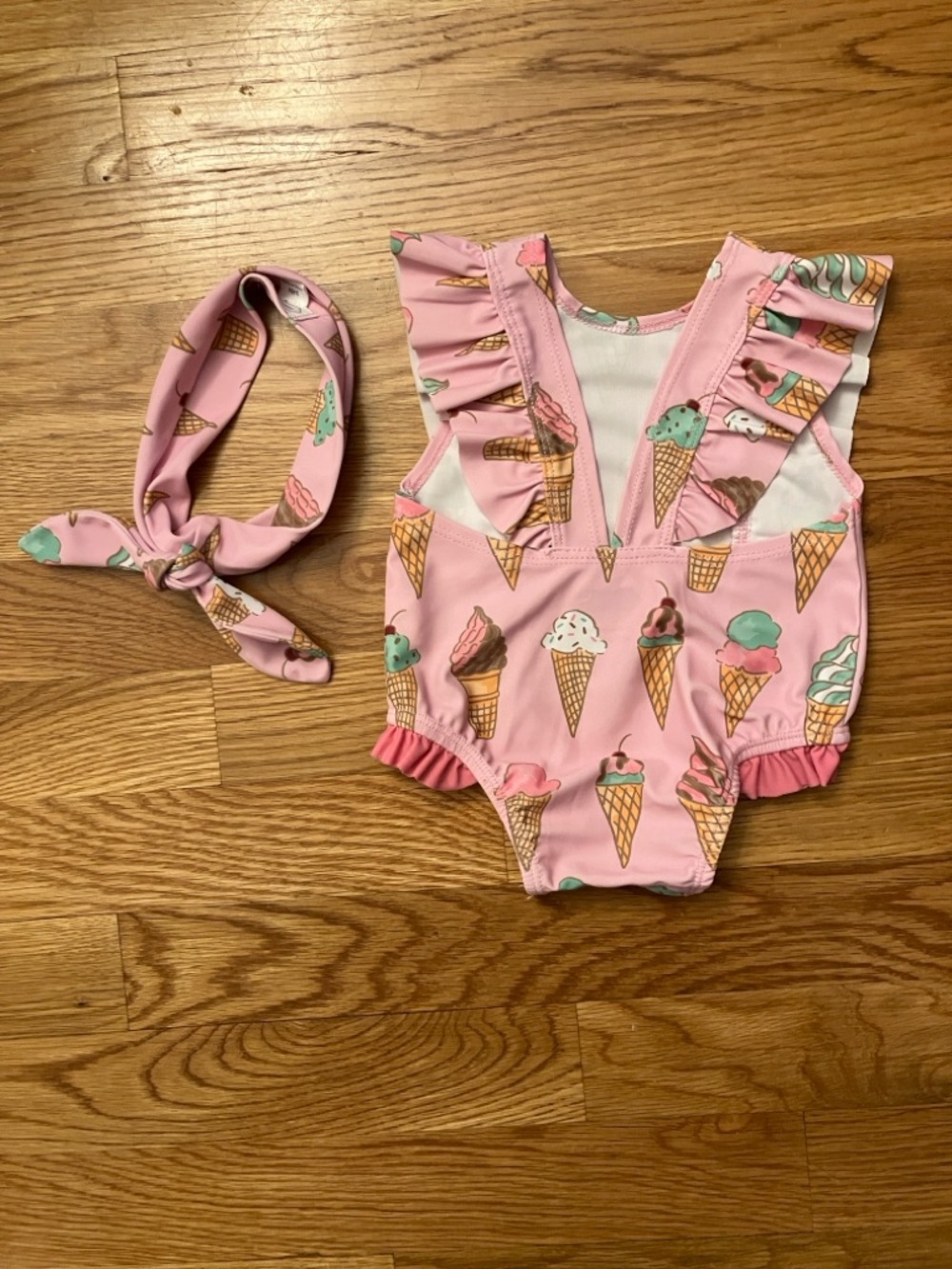 MudPie 3-6 month baby/toddler Pink Ice Cream cone 1 Piece Swimsuit w/ headband